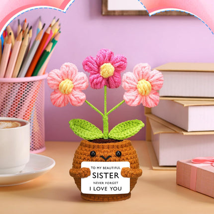 Sister Gifts Handmade Crochet Doll with Card Present for Sisters Sis Big Little Birthday Wedding Home Decor(Flowers) -