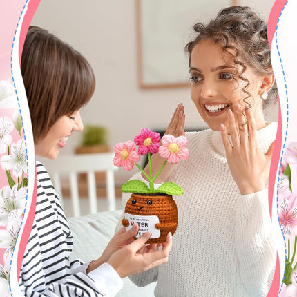 Sister Gifts Handmade Crochet Doll with Card Present for Sisters Sis Big Little Birthday Wedding Home Decor(Flowers) -
