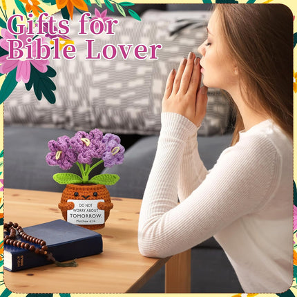 6 Pcs Christian Gift for Women Faith Scripture Religious Positive Handmade Crochet Doll with Bible Verse Prayer Card Inspirational Sunday Church(Forget Me Not) -