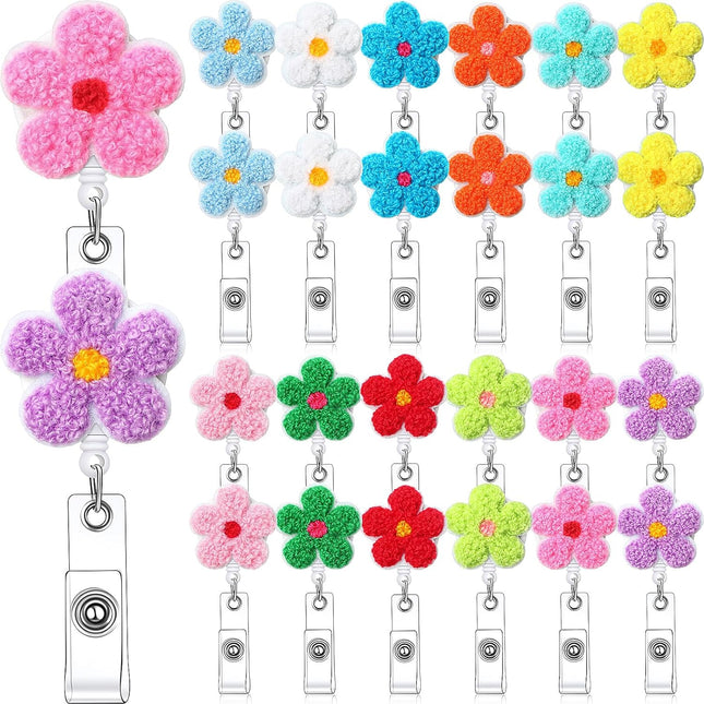 24 Pcs Pastel Flower Badge Reel Retractable Back to School Cute Felt Holder with Alligator