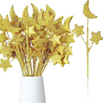 24 Pcs Moon Star Floral Picks Gold Stem Vase Filler Glitter Twinkle Table Decoration for Centerpiece Ramadan Tree Home Living Room Wedding Birthday Party, 12.2 Inch -