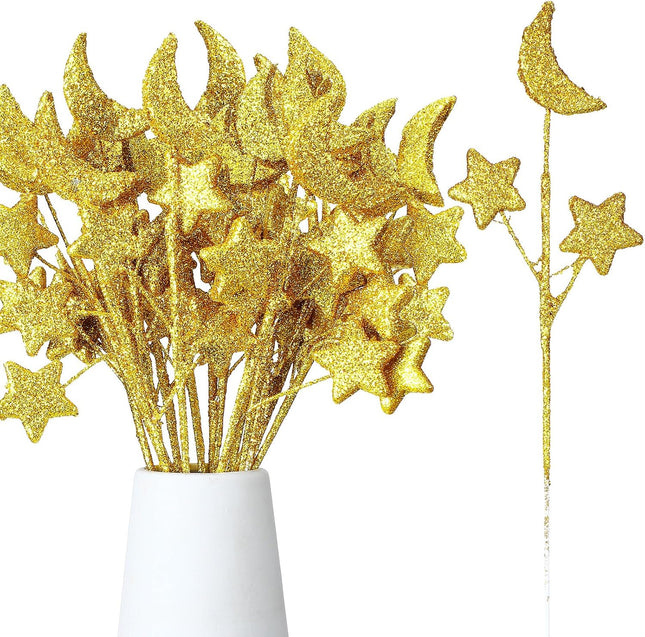 24 Pcs Moon Star Floral Picks Gold Stem Vase Filler Glitter Twinkle Table Decoration for