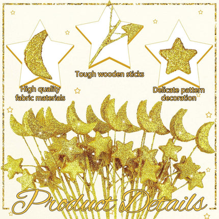 24 Pcs Moon Star Floral Picks Gold Stem Vase Filler Glitter Twinkle Table Decoration for Centerpiece Ramadan Tree Home Living Room Wedding Birthday Party, 12.2 Inch -