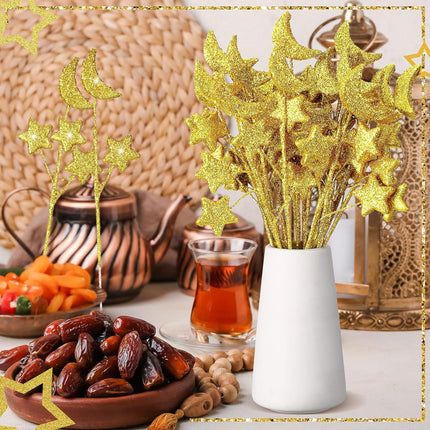 24 Pcs Moon Star Floral Picks Gold Stem Vase Filler Glitter Twinkle Table Decoration for Centerpiece Ramadan Tree Home Living Room Wedding Birthday Party, 12.2 Inch -