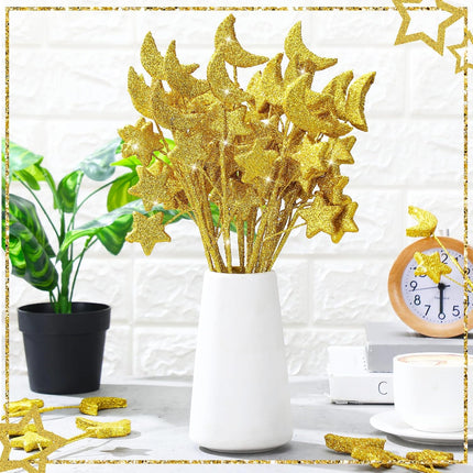 24 Pcs Moon Star Floral Picks Gold Stem Vase Filler Glitter Twinkle Table Decoration for Centerpiece Ramadan Tree Home Living Room Wedding Birthday Party, 12.2 Inch -