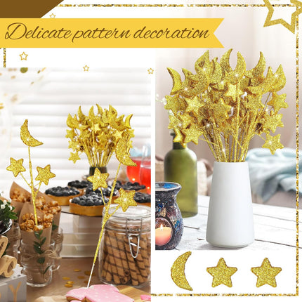24 Pcs Moon Star Floral Picks Gold Stem Vase Filler Glitter Twinkle Table Decoration for Centerpiece Ramadan Tree Home Living Room Wedding Birthday Party, 12.2 Inch -