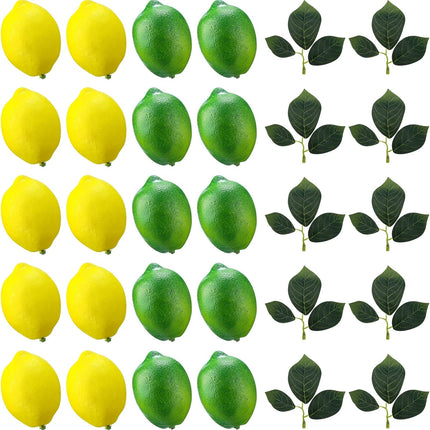 20 Pcs Artificial Lemons and Limes with 10 Leaves Fake Fruit Faux Decor for Home Kitchen Table Centerpieces Cabinet Party Photo Prop(Yellow,Green) Yellow,green -