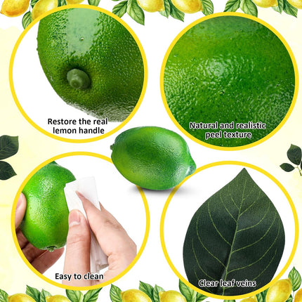 20 Pcs Artificial Lemons and Limes with 10 Leaves Fake Fruit Faux Decor for Home Kitchen Table Centerpieces Cabinet Party Photo Prop(Yellow,Green) Yellow,green -