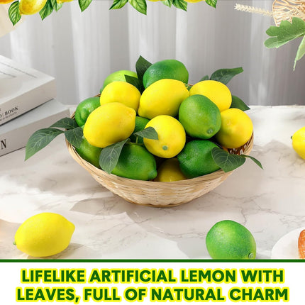 20 Pcs Artificial Lemons and Limes with 10 Leaves Fake Fruit Faux Decor for Home Kitchen Table Centerpieces Cabinet Party Photo Prop(Yellow,Green) Yellow,green -
