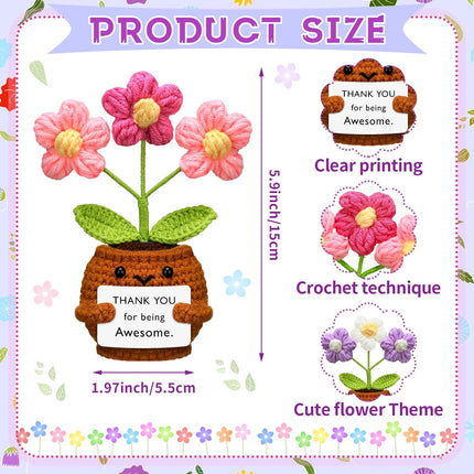 3 Pcs Thank You Gifts Employees Teacher Appreciation Handmade Positive Flower Crochet with Inspirational Card for Women Men Coworker Friend Office Staff Favors Blue, Purple, Pink -