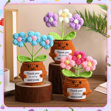 3 Pcs Thank You Gifts Employees Teacher Appreciation Handmade Positive Flower Crochet with Inspirational Card for Women Men Coworker Friend Office Staff Favors Blue, Purple, Pink -