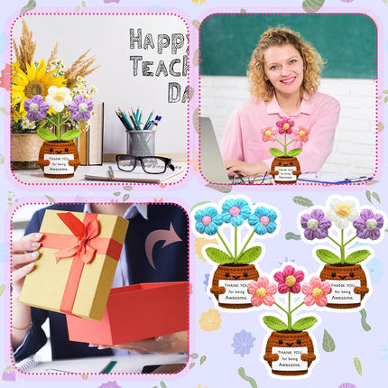 3 Pcs Thank You Gifts Employees Teacher Appreciation Handmade Positive Flower Crochet with Inspirational Card for Women Men Coworker Friend Office Staff Favors Blue, Purple, Pink -