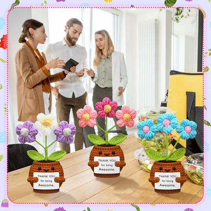 3 Pcs Thank You Gifts Employees Teacher Appreciation Handmade Positive Flower Crochet with Inspirational Card for Women Men Coworker Friend Office Staff Favors Blue, Purple, Pink -