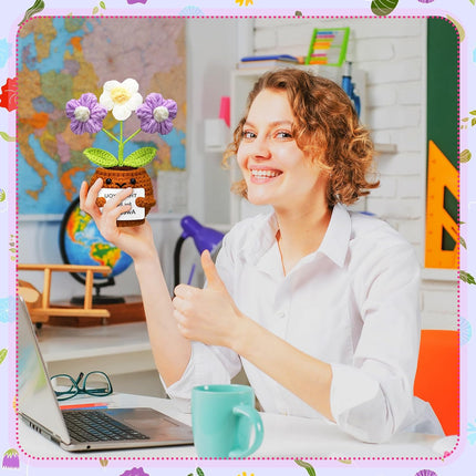 3 Pcs Thank You Gifts Employees Teacher Appreciation Handmade Positive Flower Crochet with Inspirational Card for Women Men Coworker Friend Office Staff Favors Blue, Purple, Pink -