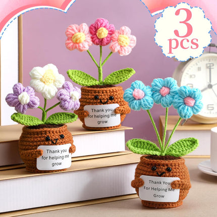 3 Pcs Teacher Appreciation Gifts Easter Gift Positive Flower Handmade Crochet Doll Thank You for Helping Me Grow Teachers Week(Puff Flower) -