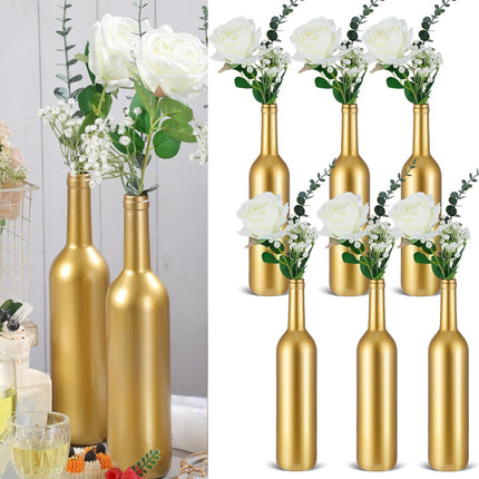 30 Pcs 6 Set Gold Vase Flower Centerpieces for Wedding Table Glass Wine Bottle Candle Holder with Artificial Rose Eucalyptus Baby's Breath Reception Decor(White) White -