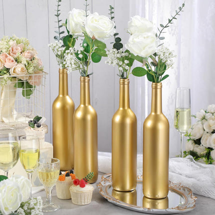 30 Pcs 6 Set Gold Vase Flower Centerpieces for Wedding Table Glass Wine Bottle Candle Holder with Artificial Rose Eucalyptus Baby's Breath Reception Decor(White) White -