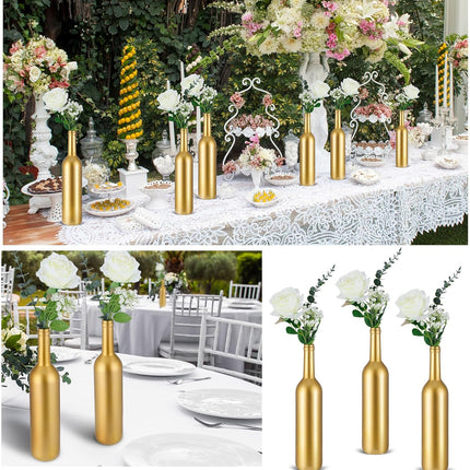 30 Pcs 6 Set Gold Vase Flower Centerpieces for Wedding Table Glass Wine Bottle Candle Holder with Artificial Rose Eucalyptus Baby's Breath Reception Decor(White) White -