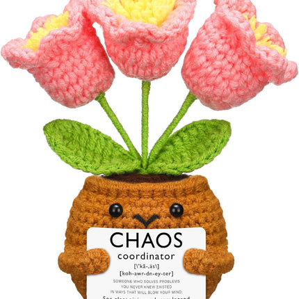 1 Set Chaos Coordinator Gift for Women Appreciation Coworker Positive Handmade Sunflower Doll Crochet with Card Inspirational Thank You Manager Boss Staff Team (Bell Orchid) -