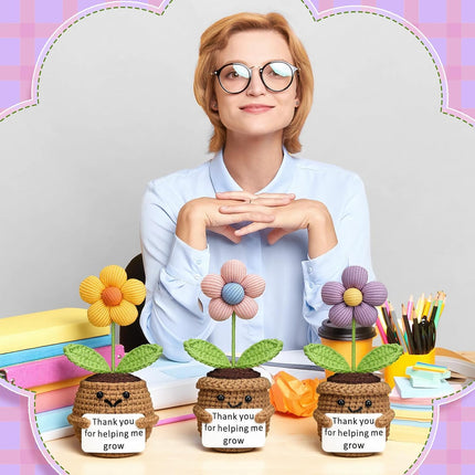 3 Pcs Teacher Appreciation Gifts Easter Gift Positive Flower Handmade Crochet Doll Thank You for Helping Me Grow Teachers Week(Cute Flower) -