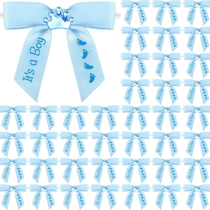 100 Pcs Baby Shower Satin Ribbon Twist Tie Bows 2.5" Pre Tied Craft Bow Foot Print for Birthday Party Treat Bags Gift Wrapping Basket Decor (Baby Blue) Blue -