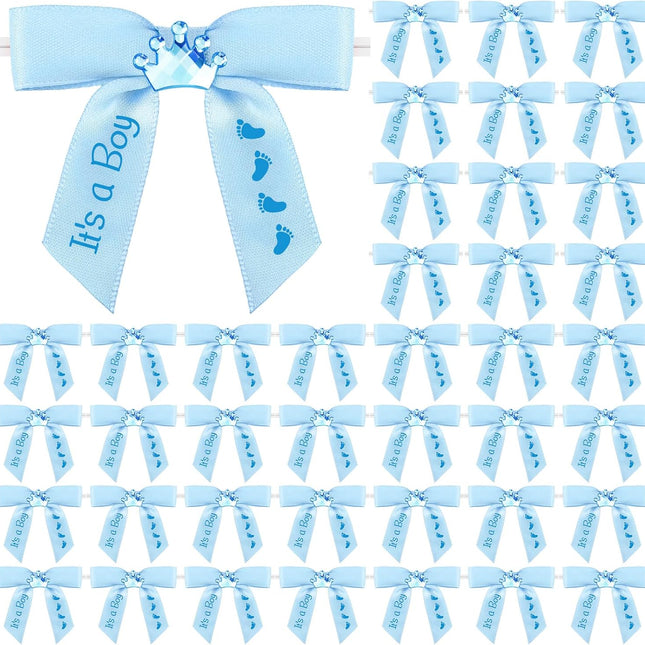 100 Pcs Baby Shower Satin Ribbon Twist Tie Bows 2.5" Pre Tied Craft Bow Foot Print for Birthday Party Treat Bags Gift Wrapping Basket Decor (Baby Blue) Blue -