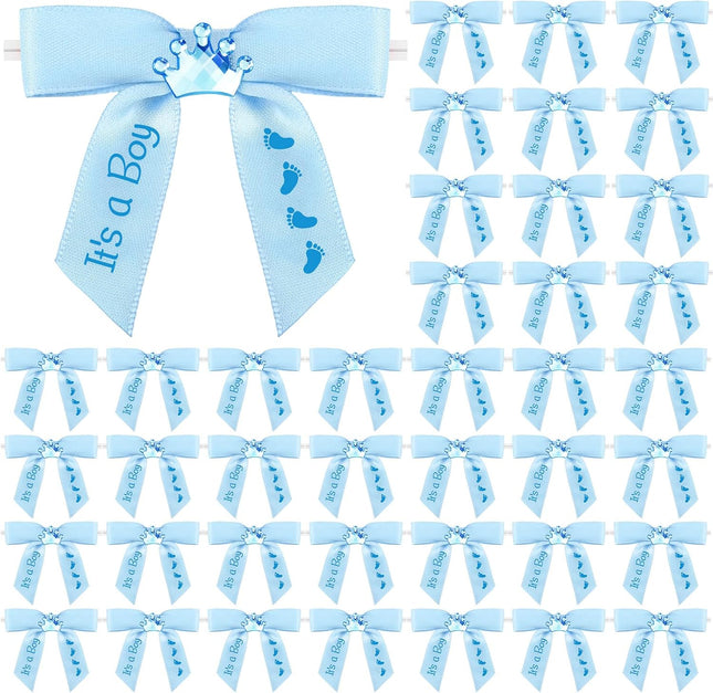 100 Pcs Baby Shower Satin Ribbon Twist Tie Bows 2.5 Pre Tied Craft Bow Foot V1259-DP01-A-4821 in Blue