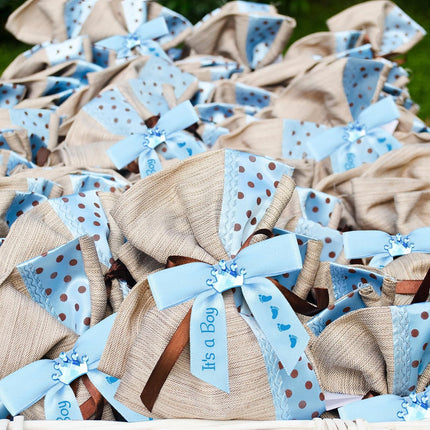 100 Pcs Baby Shower Satin Ribbon Twist Tie Bows 2.5" Pre Tied Craft Bow Foot Print for Birthday Party Treat Bags Gift Wrapping Basket Decor (Baby Blue) Blue -