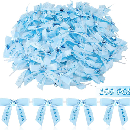 100 Pcs Baby Shower Satin Ribbon Twist Tie Bows 2.5" Pre Tied Craft Bow Foot Print for Birthday Party Treat Bags Gift Wrapping Basket Decor (Baby Blue) Blue -