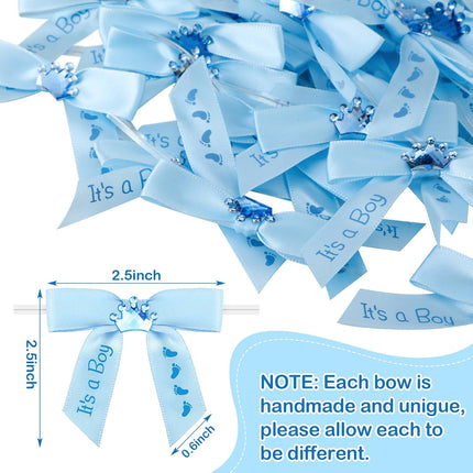 100 Pcs Baby Shower Satin Ribbon Twist Tie Bows 2.5" Pre Tied Craft Bow Foot Print for Birthday Party Treat Bags Gift Wrapping Basket Decor (Baby Blue) Blue -