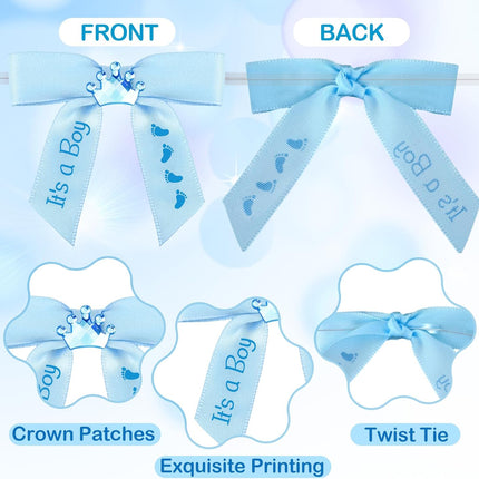 100 Pcs Baby Shower Satin Ribbon Twist Tie Bows 2.5" Pre Tied Craft Bow Foot Print for Birthday Party Treat Bags Gift Wrapping Basket Decor (Baby Blue) Blue -