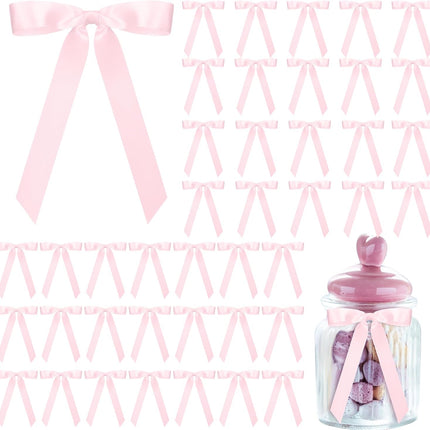 50 Pcs Pink Satin Ribbon Bows 7 Inch Large Self Adhesive Twist Tie for Gift Wrapping Craft Cake Balloons Coquette Wedding Birthday Baby Shower Bachelorette Party Decorations -