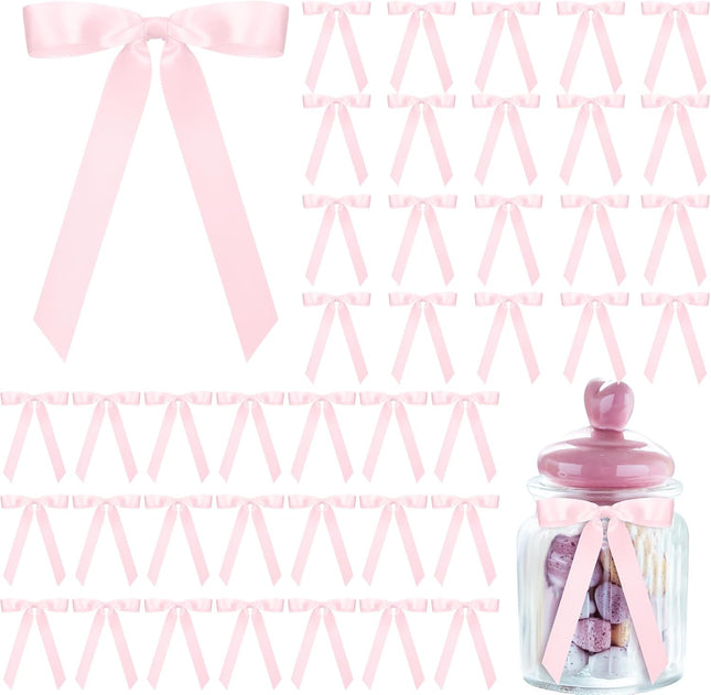 50 Pcs Pink Satin Ribbon Bows 7 Inch Large Self Adhesive Twist Tie for Gift V1259-DP01-A-4823