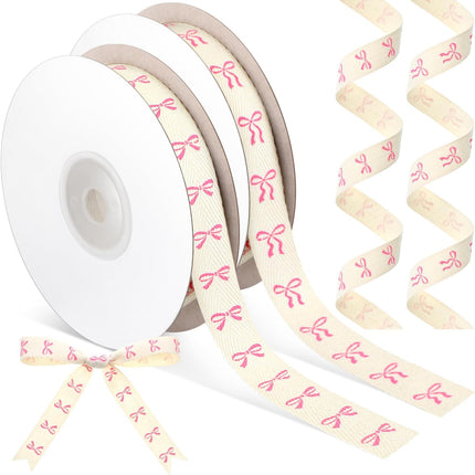 20 Yards Pink Bow Ribbon, Natural 5/8 Inch 100% Cotton Herringbone Twill Fabric Ribbon Decorations for Crafts Gifts Wrapping, 2 Rolls -