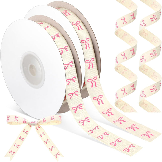 20 Yards Pink Bow Ribbon Natural 5/8 Inch 100 Percent Cotton Herringbone Twill Fabric Ribbon Decorations