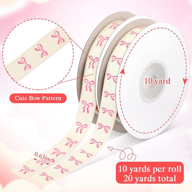 20 Yards Pink Bow Ribbon Natural 5/8 Inch 100 Percent Cotton Herringbone Twill Fabric Ribbon Decorations – product detail