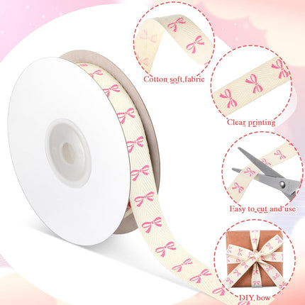 20 Yards Pink Bow Ribbon, Natural 5/8 Inch 100% Cotton Herringbone Twill Fabric Ribbon Decorations for Crafts Gifts Wrapping, 2 Rolls -