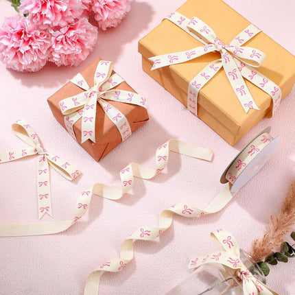 20 Yards Pink Bow Ribbon, Natural 5/8 Inch 100% Cotton Herringbone Twill Fabric Ribbon Decorations for Crafts Gifts Wrapping, 2 Rolls -
