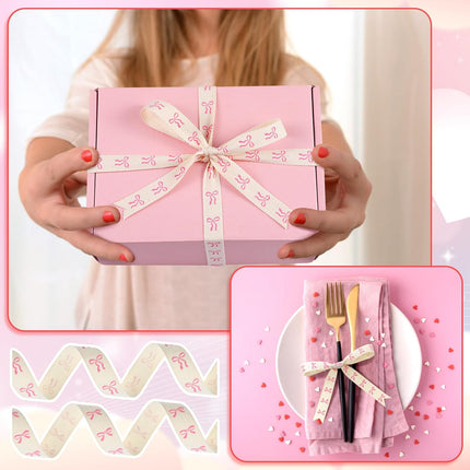20 Yards Pink Bow Ribbon, Natural 5/8 Inch 100% Cotton Herringbone Twill Fabric Ribbon Decorations for Crafts Gifts Wrapping, 2 Rolls -