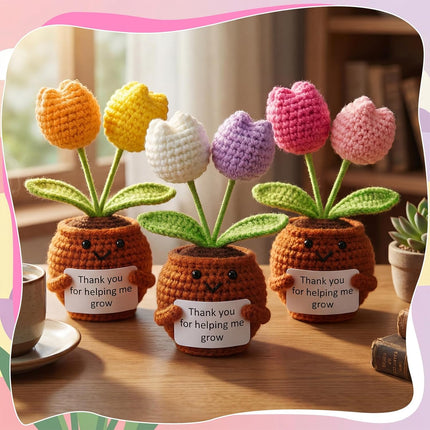 3 Pcs Teacher Appreciation Gifts Easter Gift Positive Flower Handmade Crochet Doll Thank You for Helping Me Grow Teachers Week(Tulip) -