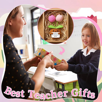3 Pcs Teacher Appreciation Gifts Easter Gift Positive Flower Handmade Crochet Doll Thank You for Helping Me Grow Teachers Week(Tulip) -