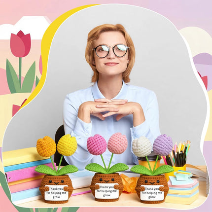 3 Pcs Teacher Appreciation Gifts Easter Gift Positive Flower Handmade Crochet Doll Thank You for Helping Me Grow Teachers Week(Tulip) -