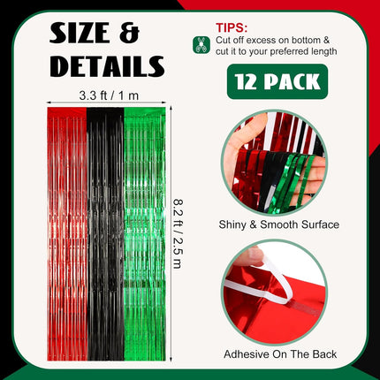 12 Pcs Juneteenth Party Decorations Freedom Day Foil Fringe Curtain Backdrop 100 x 39 Inch Metallic Tinsel Decor Black Red Green African American for Photo Props Red,Black,Green -