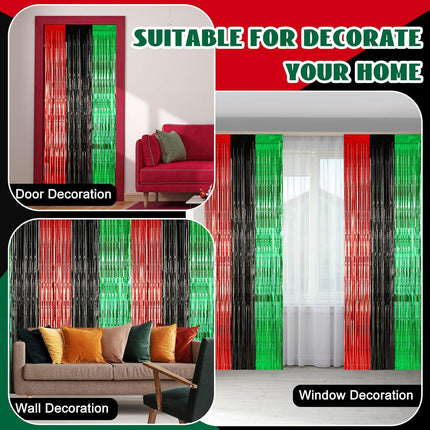 12 Pcs Juneteenth Party Decorations Freedom Day Foil Fringe Curtain Backdrop 100 x 39 Inch Metallic Tinsel Decor Black Red Green African American for Photo Props Red,Black,Green -