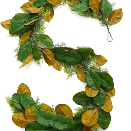 6 ft Realistic Magnolia Garland with Artificial Faux Cedar, Brown and Green Leaf Christmas Decorations for Mantle Fireplaces Stair Xmas Holiday Party Table Decor -