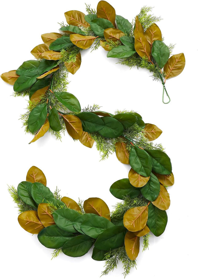 6 ft Realistic Magnolia Garland with Artificial Faux Cedar Brown and Green Leaf Christmas Decorations