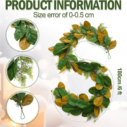 6 ft Realistic Magnolia Garland with Artificial Faux Cedar, Brown and Green Leaf Christmas Decorations for Mantle Fireplaces Stair Xmas Holiday Party Table Decor -
