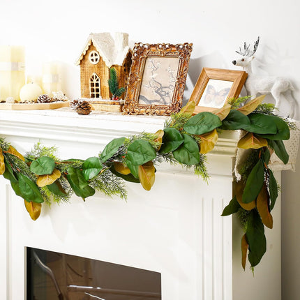 6 ft Realistic Magnolia Garland with Artificial Faux Cedar, Brown and Green Leaf Christmas Decorations for Mantle Fireplaces Stair Xmas Holiday Party Table Decor -