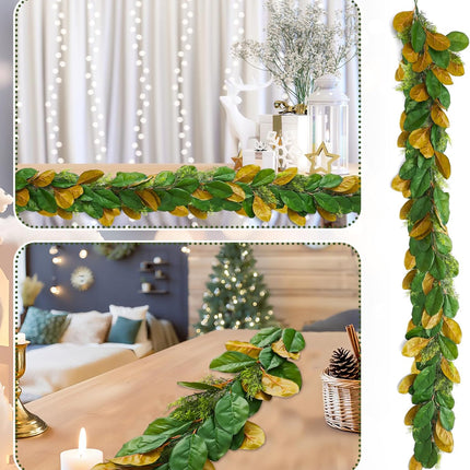 6 ft Realistic Magnolia Garland with Artificial Faux Cedar, Brown and Green Leaf Christmas Decorations for Mantle Fireplaces Stair Xmas Holiday Party Table Decor -