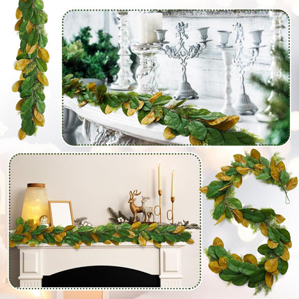 6 ft Realistic Magnolia Garland with Artificial Faux Cedar, Brown and Green Leaf Christmas Decorations for Mantle Fireplaces Stair Xmas Holiday Party Table Decor -